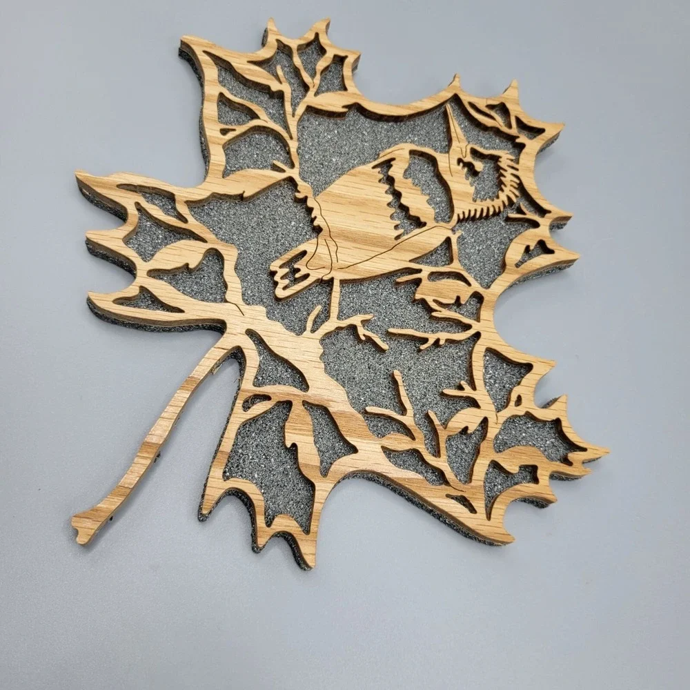 Laser Cut Wall Decor Wooden Maple Leaf Bird Art Acorn Design Textured Background